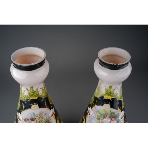 148 - A pair of late Victorian pale peach opaque glass vases of conical form, printed and painted decorati... 