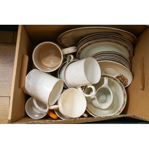 149 - Four boxes of assorted 20th century ceramics, mostly tea and dinner wares from the 1930-1960 era, in... 