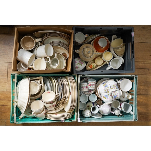 149 - Four boxes of assorted 20th century ceramics, mostly tea and dinner wares from the 1930-1960 era, in... 