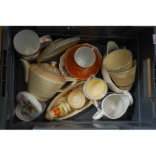 149 - Four boxes of assorted 20th century ceramics, mostly tea and dinner wares from the 1930-1960 era, in... 