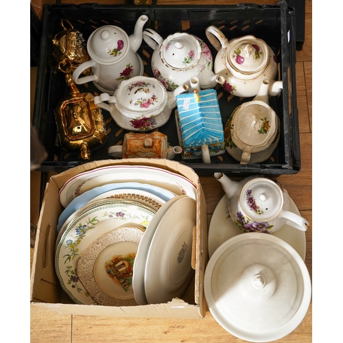 152 - Two boxes of assorted ceramic teapots and dinner wares, including Arthur Wood and Sadlers (2 boxes)