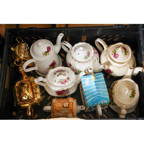 152 - Two boxes of assorted ceramic teapots and dinner wares, including Arthur Wood and Sadlers (2 boxes)