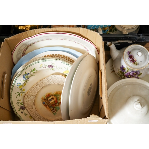 152 - Two boxes of assorted ceramic teapots and dinner wares, including Arthur Wood and Sadlers (2 boxes)