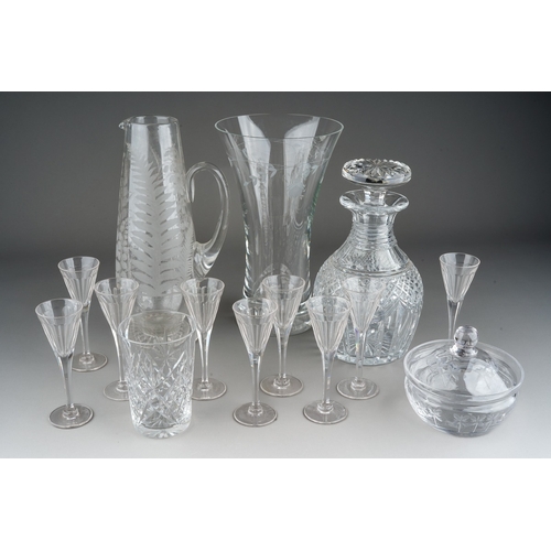 154 - Two boxes of assorted glassware, including an acid etched water jug, a Georgian style facet cut deca... 