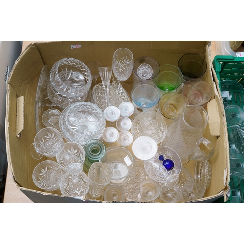 154 - Two boxes of assorted glassware, including an acid etched water jug, a Georgian style facet cut deca... 