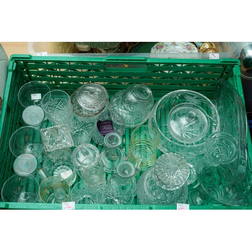 154 - Two boxes of assorted glassware, including an acid etched water jug, a Georgian style facet cut deca... 