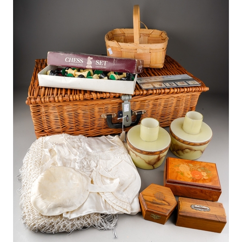 159 - A wicker picnic hamper of collectable items, including a pair of vintage glass light shades, three v... 