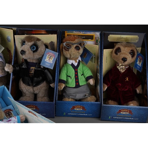 166 - A collection of six boxed Compare the Meerkat soft toys (6)