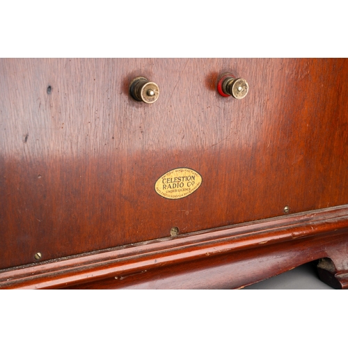 167 - An early to mid 20thC Celestion mahogany speaker, with a pierced front on ogee bracket feet, 52cm hi... 