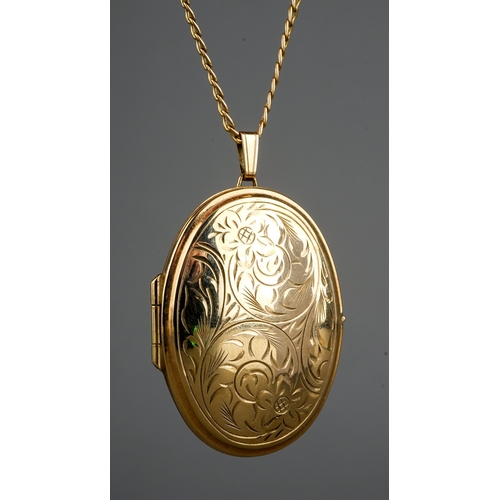 172 - 9 ct gold chain and a large locket, gross weight 10.3g, etched detail to the front