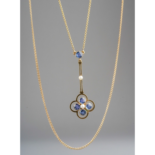 691 - An Edwardian 15ct gold sapphire and seed pearl necklace, pendant stamped 15ct, later replacement cla... 