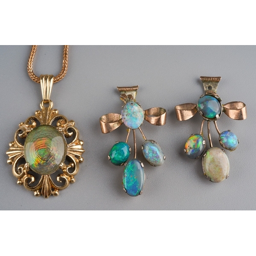 694 - A 9ct gold opal triplet necklace and a pair of yellow metal earring components, the necklace designe... 