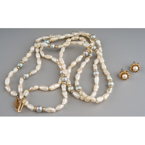 697 - A pair of 9ct yellow gold cultured pearl earrings and a 9ct gold freshwater cultured pearl necklace,... 