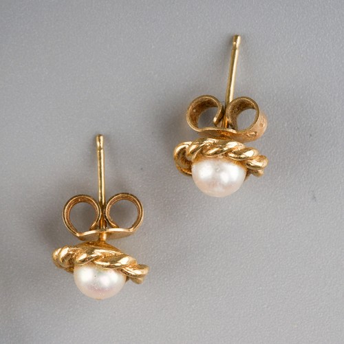 697 - A pair of 9ct yellow gold cultured pearl earrings and a 9ct gold freshwater cultured pearl necklace,... 