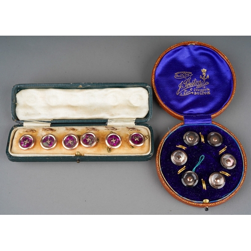 699 - Two sets of cased early 20th century dress studs, the circular case to include a set of six mother o... 