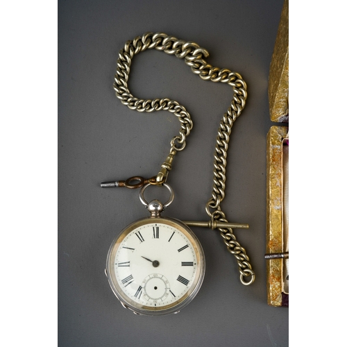 702 - Sterling silver pocket watch with white metal albert chain, Sterling silver full hunter pocket watch... 