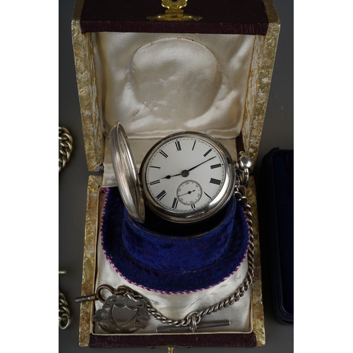 702 - Sterling silver pocket watch with white metal albert chain, Sterling silver full hunter pocket watch... 