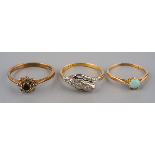 706 - Three gem set and diamond rings, to include an early to mid 20th century 18ct gold Swedish opal cabo... 