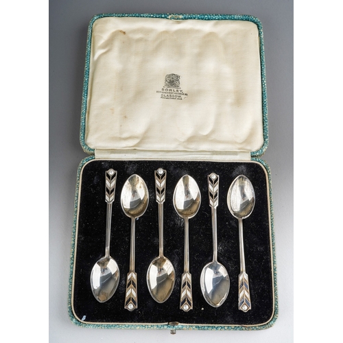 715 - A set of six Arts & Crafts novelty arrow head terminal silver and enamel teaspoons, hallmarked by Ro... 