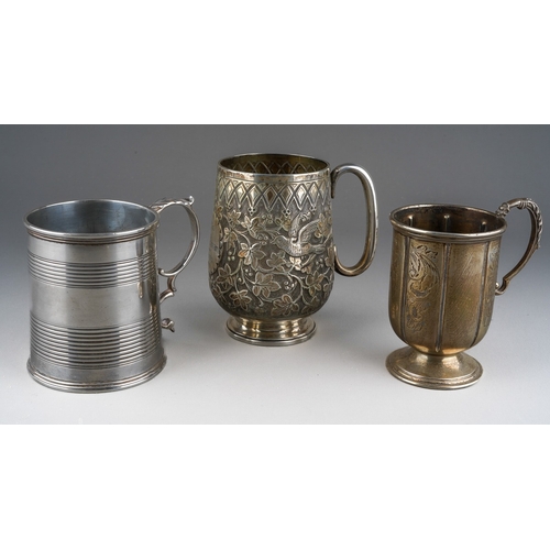 717 - Three various silver Christening cups to include: 
1. Victorian Aesthetic chased and engraved with b... 