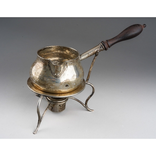 722 - A Victorian plain silver brandy warmer on stand with burner, the pan with turned wooden handle, all ... 