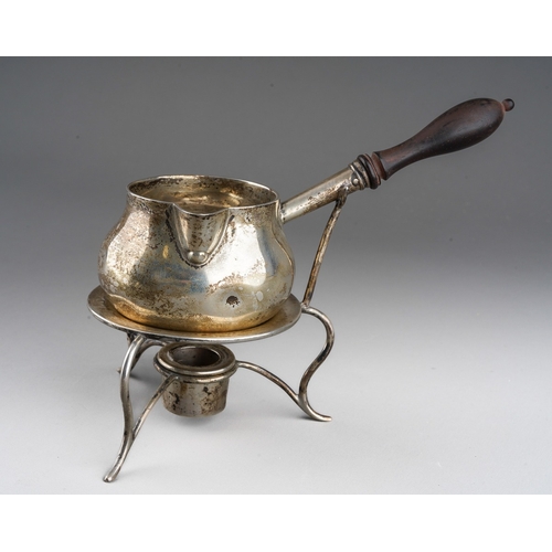 722 - A Victorian plain silver brandy warmer on stand with burner, the pan with turned wooden handle, all ... 