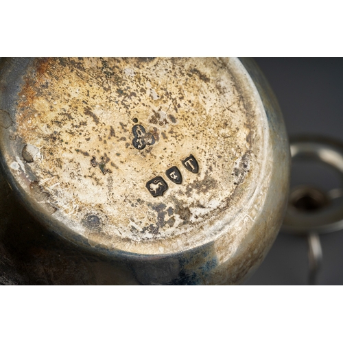 722 - A Victorian plain silver brandy warmer on stand with burner, the pan with turned wooden handle, all ... 