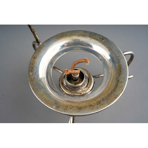 722 - A Victorian plain silver brandy warmer on stand with burner, the pan with turned wooden handle, all ... 