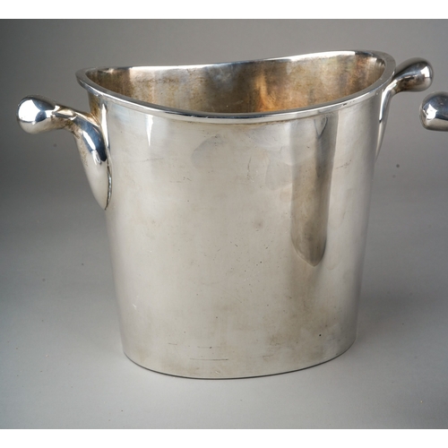 725 - A pair of Christofle style silver plated two handled ice \ champagne buckets, plain bodies (2)