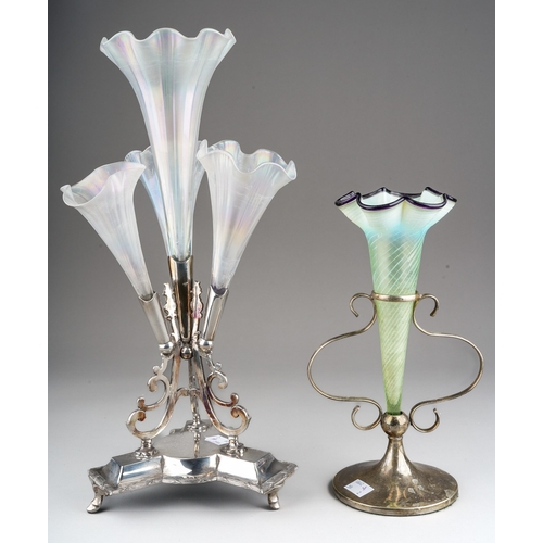 727 - An early 20th Century silver plated trefoil shaped epergne holder with four trumpet shaped opaque gl... 