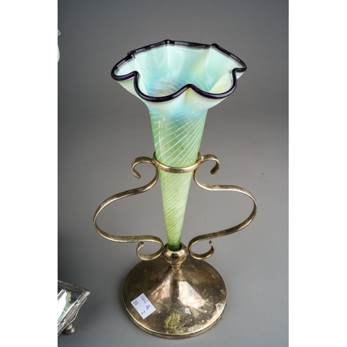 727 - An early 20th Century silver plated trefoil shaped epergne holder with four trumpet shaped opaque gl... 