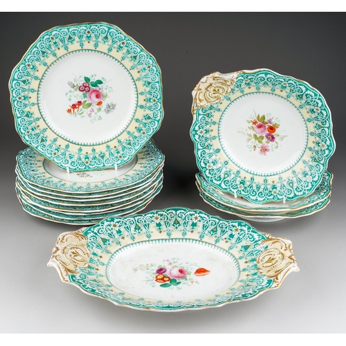 730 - A Victorian Copeland, c.1851-1885, pattern no 8634 part dessert service to include 9 octagonal plate... 