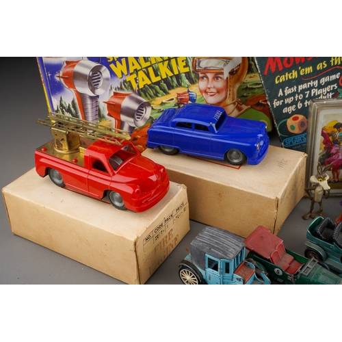 738 - Assorted toys to include: Merit vintage 1955 Space Patrol Walkie Talkie, finished in red and black w... 