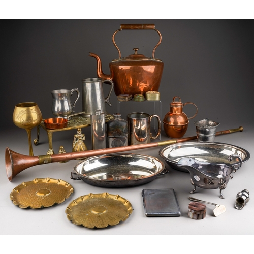 745 - Assorted metalware (brass, pewter, silver plate and copper) to include entree dish, tankard, hip fla... 