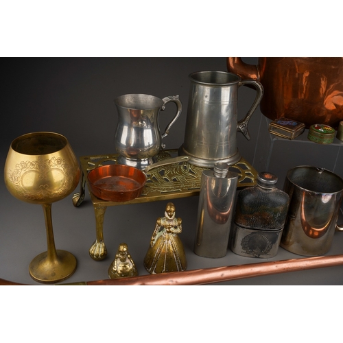 745 - Assorted metalware (brass, pewter, silver plate and copper) to include entree dish, tankard, hip fla... 