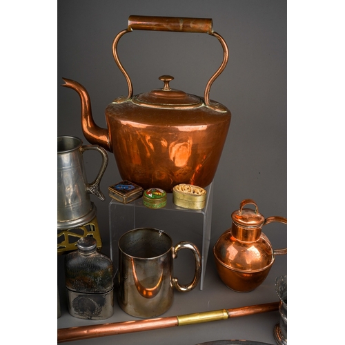 745 - Assorted metalware (brass, pewter, silver plate and copper) to include entree dish, tankard, hip fla... 