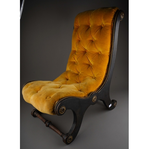 746 - A Regency style ebonised and gilt metal slipper chair, with button back gold velvet upholstery, the ... 