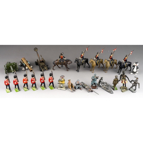 747 - Assorted hand painted cast metal model soldiers, cavalry and assorted Artillery guns, Medieval trebu... 