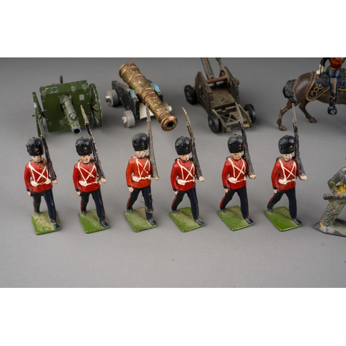 747 - Assorted hand painted cast metal model soldiers, cavalry and assorted Artillery guns, Medieval trebu... 