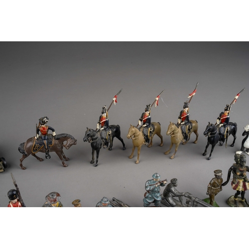 747 - Assorted hand painted cast metal model soldiers, cavalry and assorted Artillery guns, Medieval trebu... 