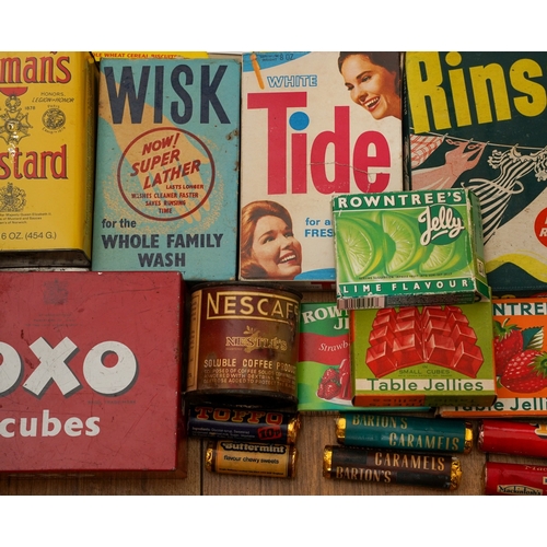 760 - A box of vintage tins, vintage packaging and other ephemera including Rowntree's table jellies, Tide... 