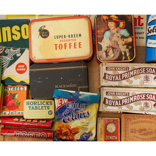 760 - A box of vintage tins, vintage packaging and other ephemera including Rowntree's table jellies, Tide... 