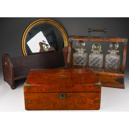 939 - A box of treen etc comprising a late Victorian oak three-bottle tantalus, a circular gilt-framed mir... 