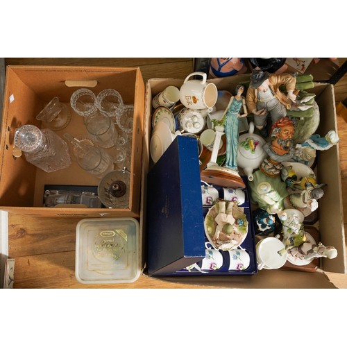 942 - Collection of ceramics to include Capo DiMonte figures, box of small tiles, together with glassware ... 