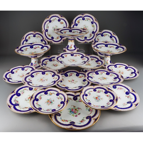 A second half 19th century Minton porcelain twenty piece dessert service, pattern number A2080, hand painted with a border of pink and gilt dots between blue and gilt fans and scrolling blue band, the centre of each decorated with floral sprays, comprising three tall comports, two short comports, a pair of tureen stands and thirteen dessert plates, painted pattern number and various impressed marks, one dessert plate bears puce Mintons mark (20)