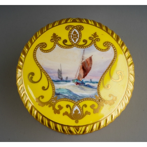 7 - A Royal Crown Derby circular trinket box and cover with gadrooned rims, yellow and gilt ground, the ... 