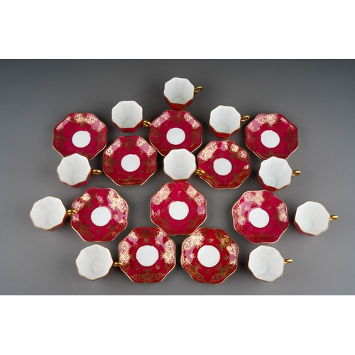 8 - A set of ten Coalport claret and gilt ground way octagonal demi tasse cups and saucers, pattern numb... 