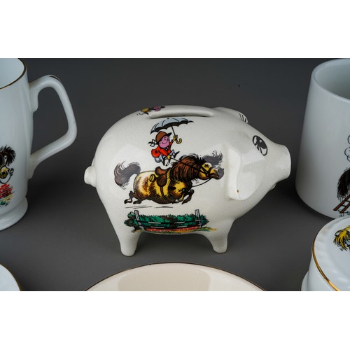 17 - A collection of seven pieces of Thelwell themed ceramics including to mugs, piggy bank, dishes, egg ... 