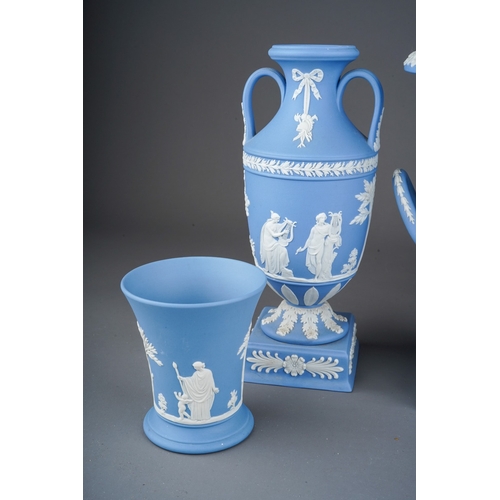 30 - A Wedgwood pale blue Jasperware urn and cover with further Wedgwood including a two handled urn shap... 