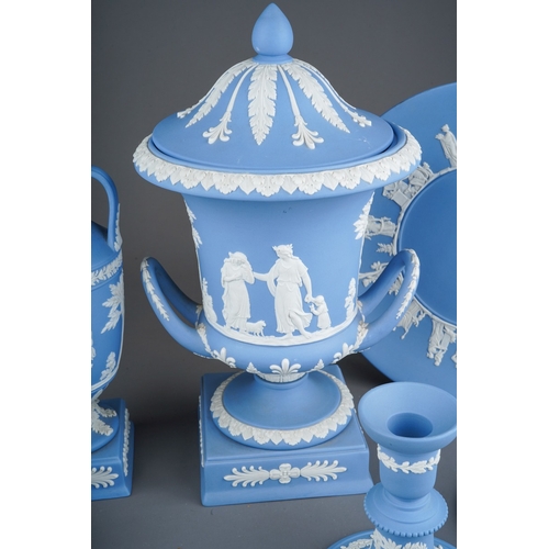 30 - A Wedgwood pale blue Jasperware urn and cover with further Wedgwood including a two handled urn shap... 